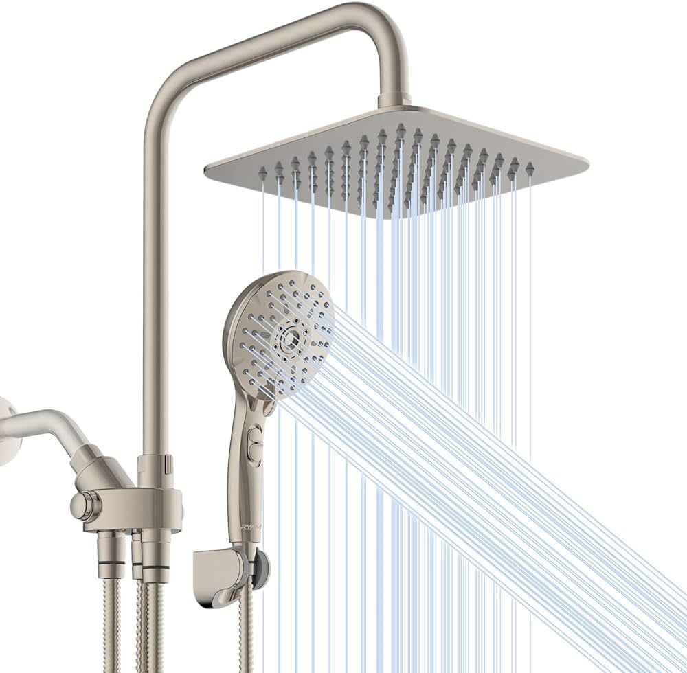 Dual Shower Head Combo, Brushed Nickel 8'' High Pressure Rain/Rainfall Shower Head,5 Settings Adj... | Amazon (US)