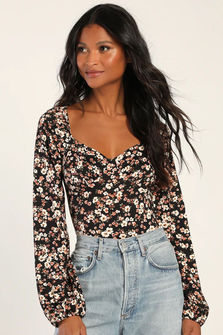 Blossom Beauty Black Floral Print Long Sleeve Bodysuit | Lulus (US)