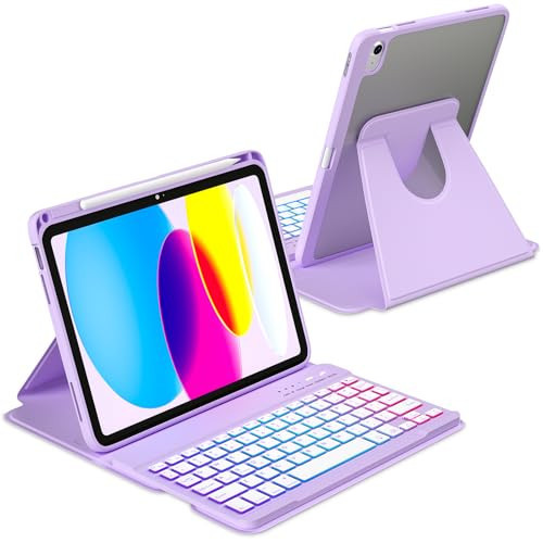 MMK for iPad 11th 10th Generation with Keyboard,iPad A16 Case with Keyboard, 7 Colors Backlit Wireless Removable keypad, 360 Degree Rotating ipad A16 keypad Case with Pencil Stand -Purple | Amazon (US)