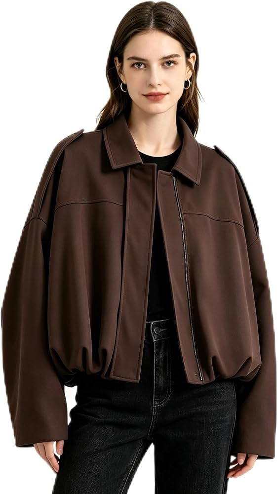 Bomber Jacket Women Lapel Collar Cropped Batwing Sleeve Fall Outerwear Coat | Amazon (US)