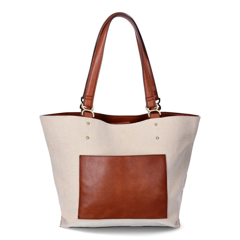 Time and Tru Women's Raya Canvas Tote Bag, Natural Cognac - Walmart.com | Walmart (US)