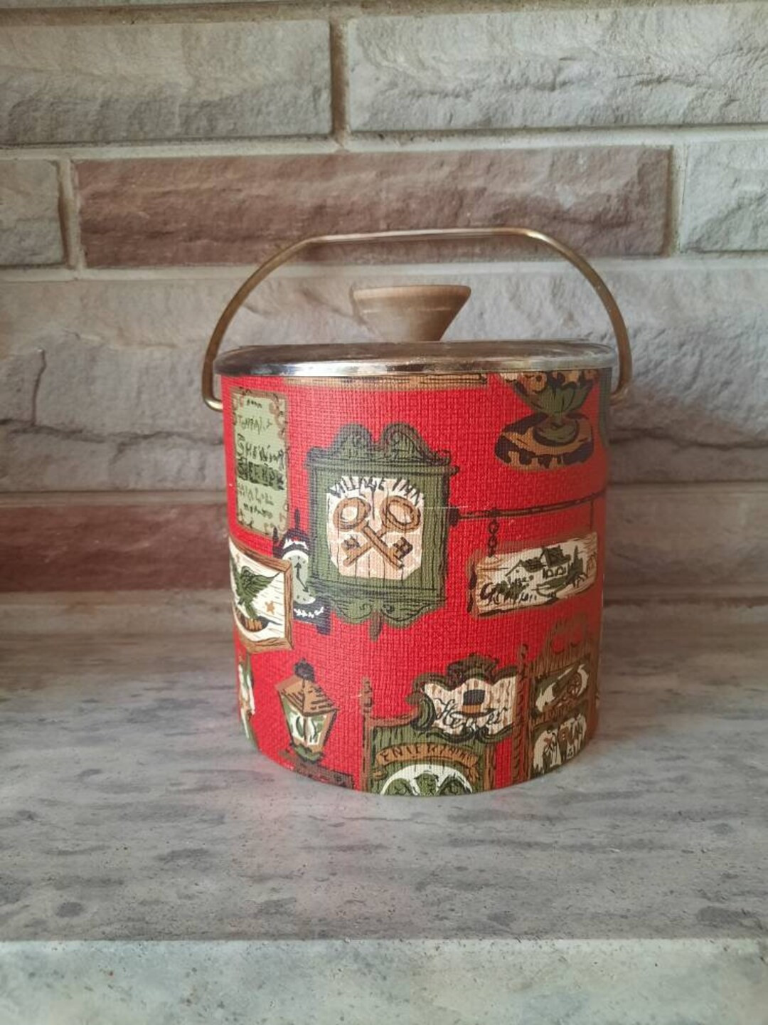 MCM Vintage 1970's Ice Bucket With Handle Red Vinyl With Colonial Design Black White Green Brown ... | Etsy (US)