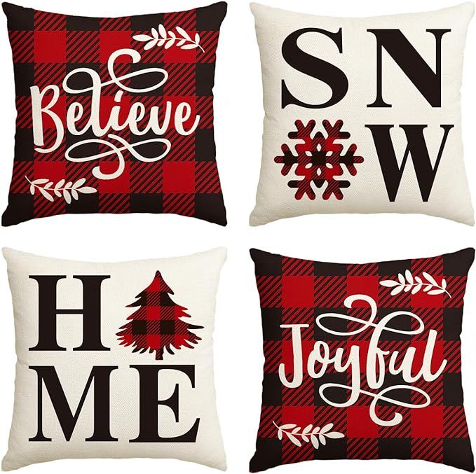 AVOIN Buffalo Plaid Believe Joyful Home Snow Throw Pillow Cover, 18 x 18 Inch Christmas Winter Ho... | Amazon (US)