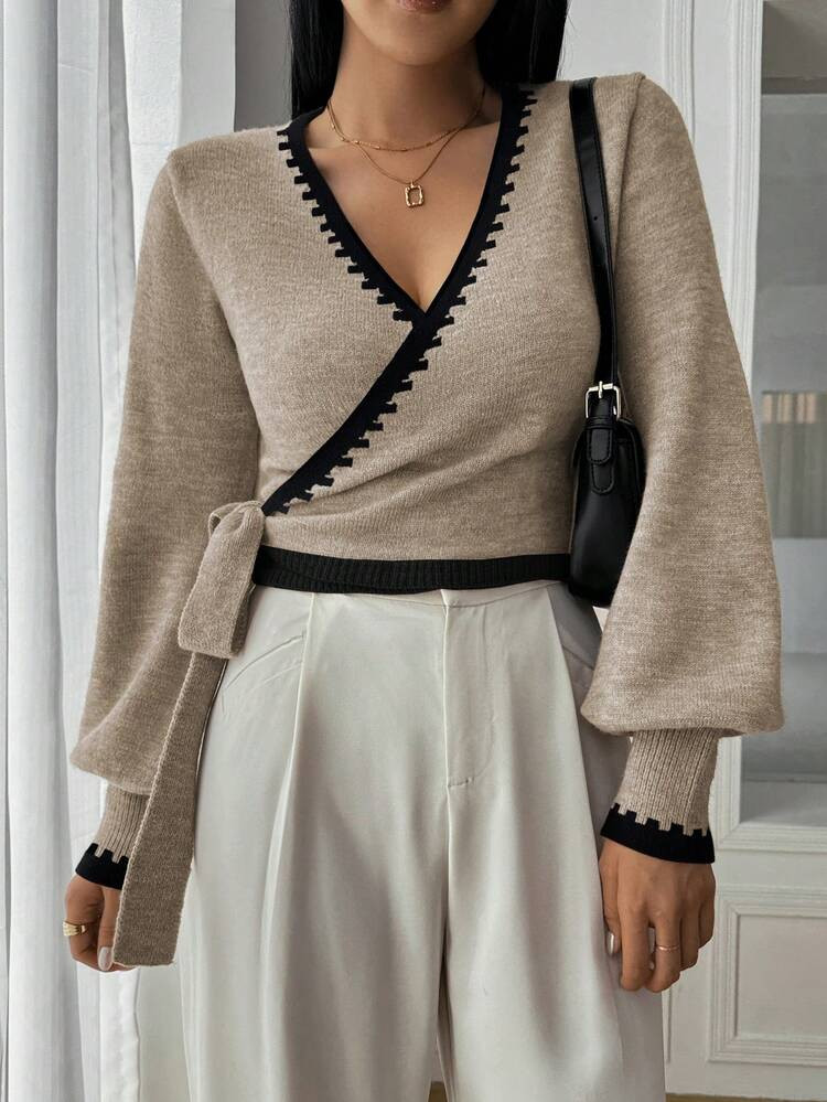 SHEIN LUNE Soft & Comfortable Contrast Trim V-Neck Wrap Sweater With Tie Waist, Puff Sleeves, Elegant & Versatile For Multiple Occasions Fall Winter Cloth For Women | SHEIN