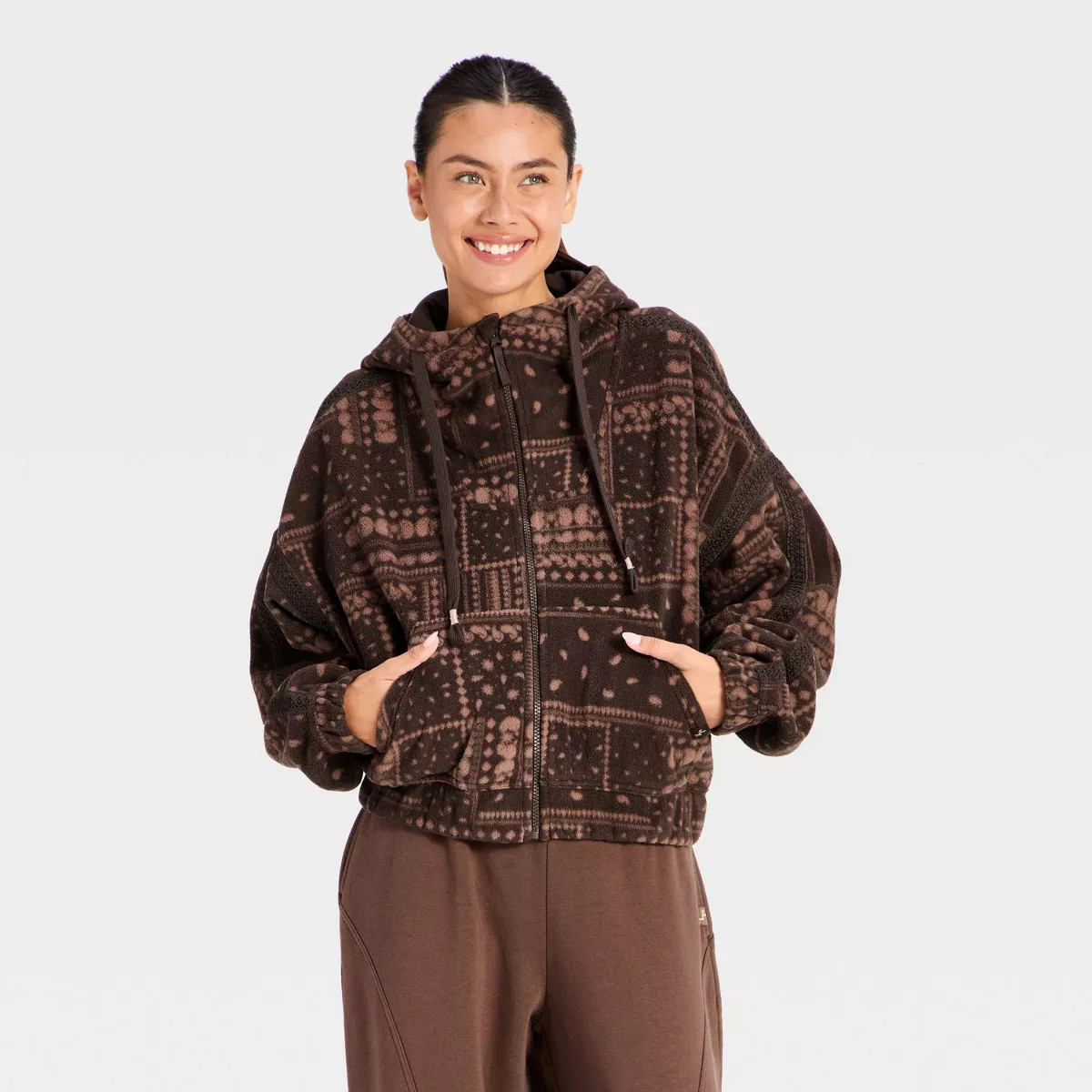 Women's High Pile Zip-Up Jacket - JoyLab™ Brown Bandana S | Target