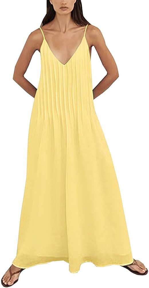 ABINGOO Women Summer Spaghetti Strap Maxi Dresses Sleeveless V Neck Pleated Backless Flowy Loose ... | Amazon (US)