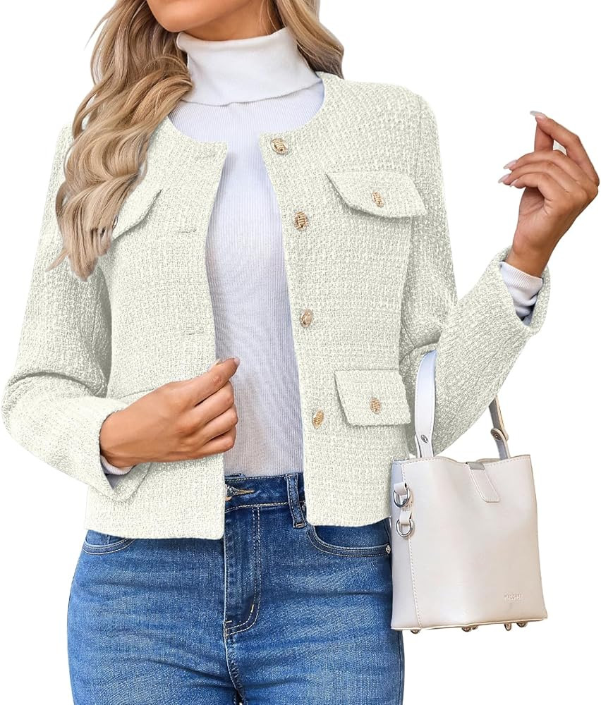 Women's Tweed Blazers Jackets Casual Long Sleeve Button Down Business Short Casual Cropped Coats | Amazon (US)