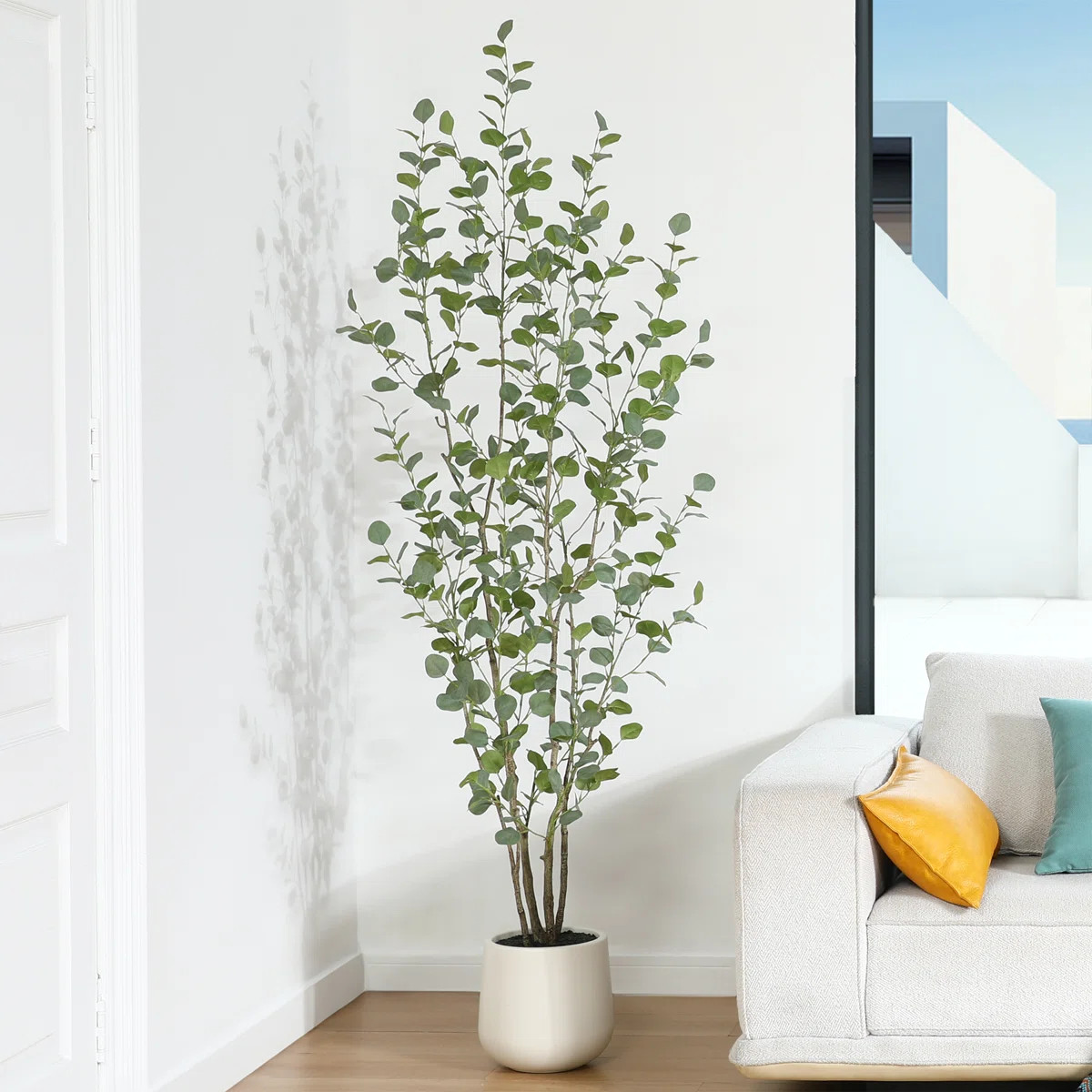 Primrue Adcock Faux Eucalyptus Tree with Oval White Planter, Pre Potted Artificial Eucalyptus Pla... | Wayfair North America