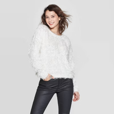 Women's Long Sleeve Crewneck Twist Back Sparkle Eyelash Pullover Sweater - Xhilaration™ Ivory | Target