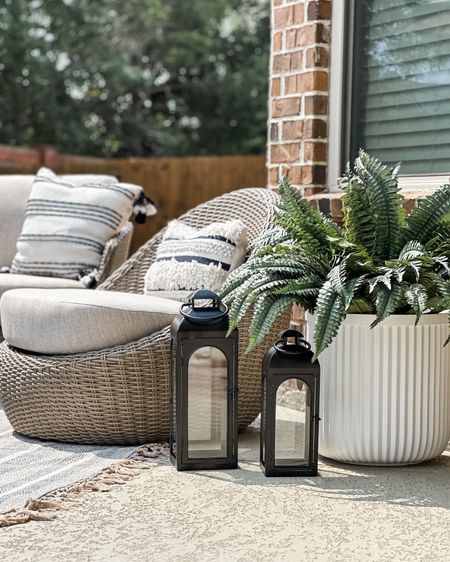 Pottery barn looking lanterns but Walmart prices!! These pottery barn look a likes are so good! Perfect for your porch or backyard! Get the look for less! I also including my viral white fluted planters that are also a PB look alike!! 

#LTKHome #LTKSeasonal #LTKStyleTip