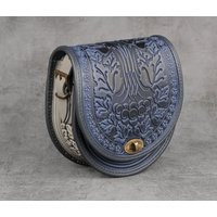 Blue Leather Crossbody Bag Embossed Guelder Rose Design | Etsy (US)
