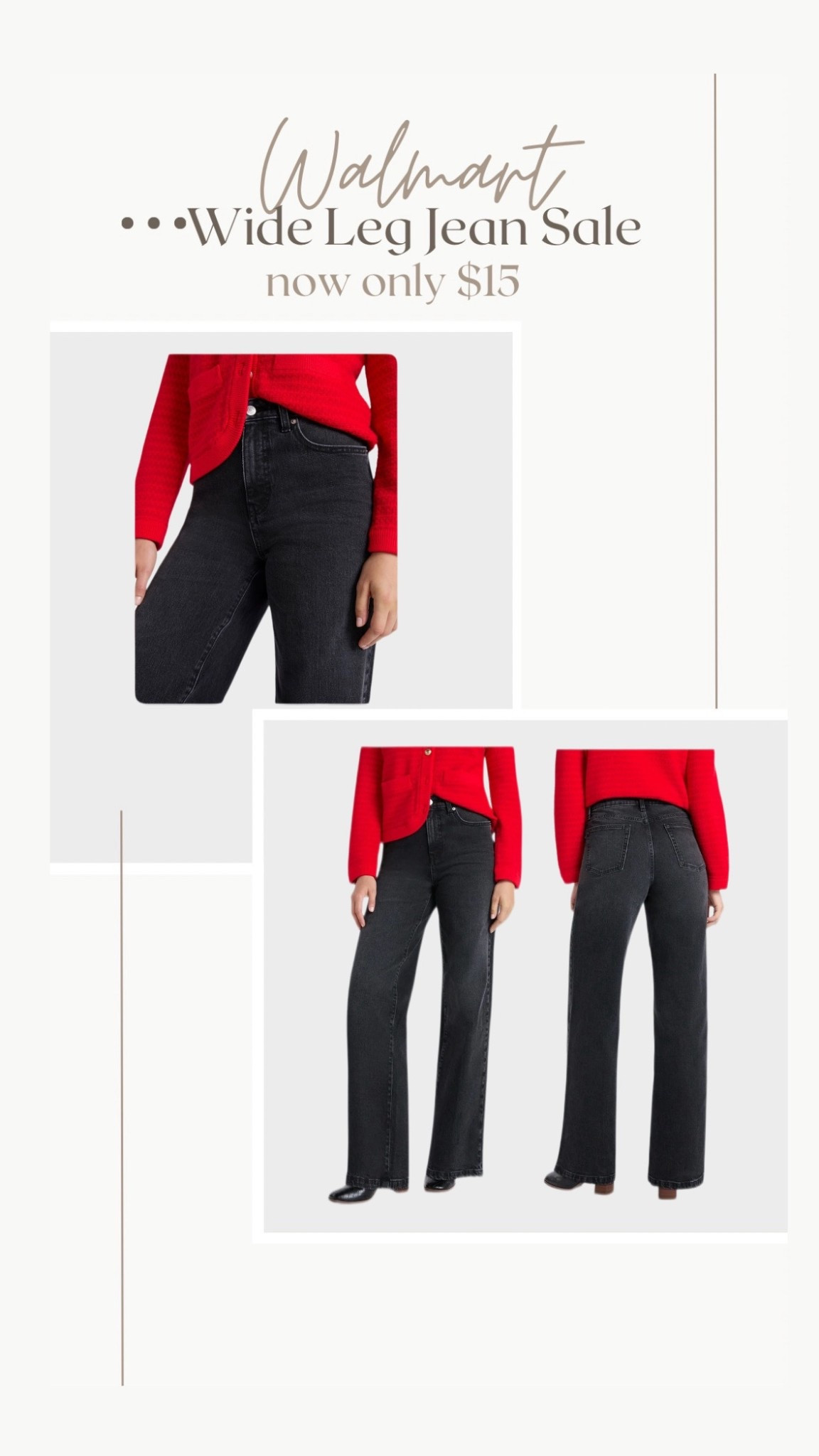 Walmart wide-leg jeans on sale 🤍
Now only $15 — such a good price for a flattering, on-trend denim style.

These wide-leg jeans have a classic fit that works for everyday wear and style easily with sweaters, tees, and layered looks. The black wash makes them extra versatile and easy to dress up or down.

Great option if you’re looking for comfortable denim that still feels polished and current, especially at this price point. Sizes tend to go quickly when they drop this low.

#WalmartFinds #WalmartFashion #AffordableStyle #LookForLess #BudgetStyle #WideLegJeans #DenimDeals #EverydayDenim #CasualStyle #MomStyle

#LTKSaleAlert #LTKFindsUnder50 #LTKHoliday