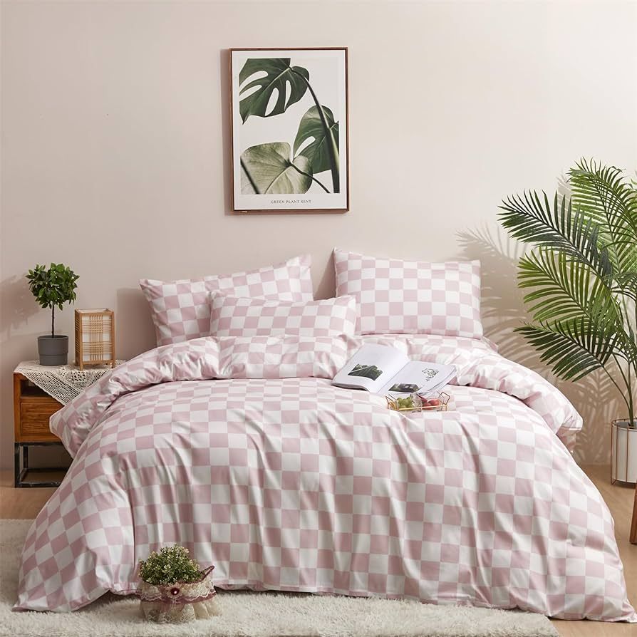 Wellboo Pink White Plaid Comforter Sets Full Women Men Bean Pink and White Checkerboard Grid Bedd... | Amazon (US)