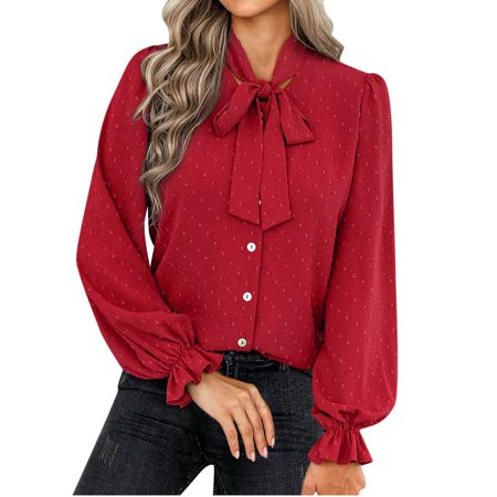 Women s Bow Tie Neck Tops Summer Fall Flare Long Sleeve Button Down Shirts Fashion Cute Swiss Dot Pu | Walmart (US)