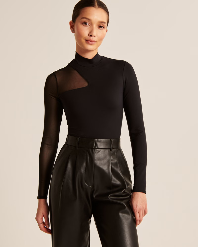 Long-Sleeve Asymmetrical Mesh Bodysuit | Abercrombie & Fitch (US)