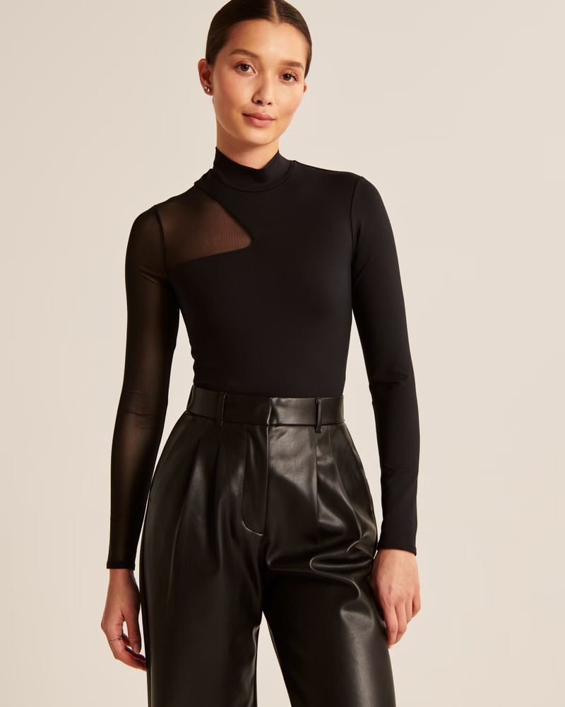 Women's Long-Sleeve Asymmetrical Mesh Bodysuit | Women's Tops | Abercrombie.com | Abercrombie & Fitch (US)