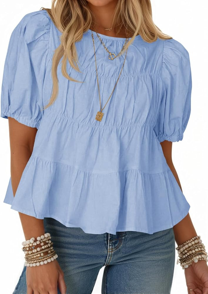 Tankaneo Womens Puff Sleeve Peplum Babydoll Tops Summer Smoked Pleated Cotton T-Shirts Casual Loo... | Amazon (US)