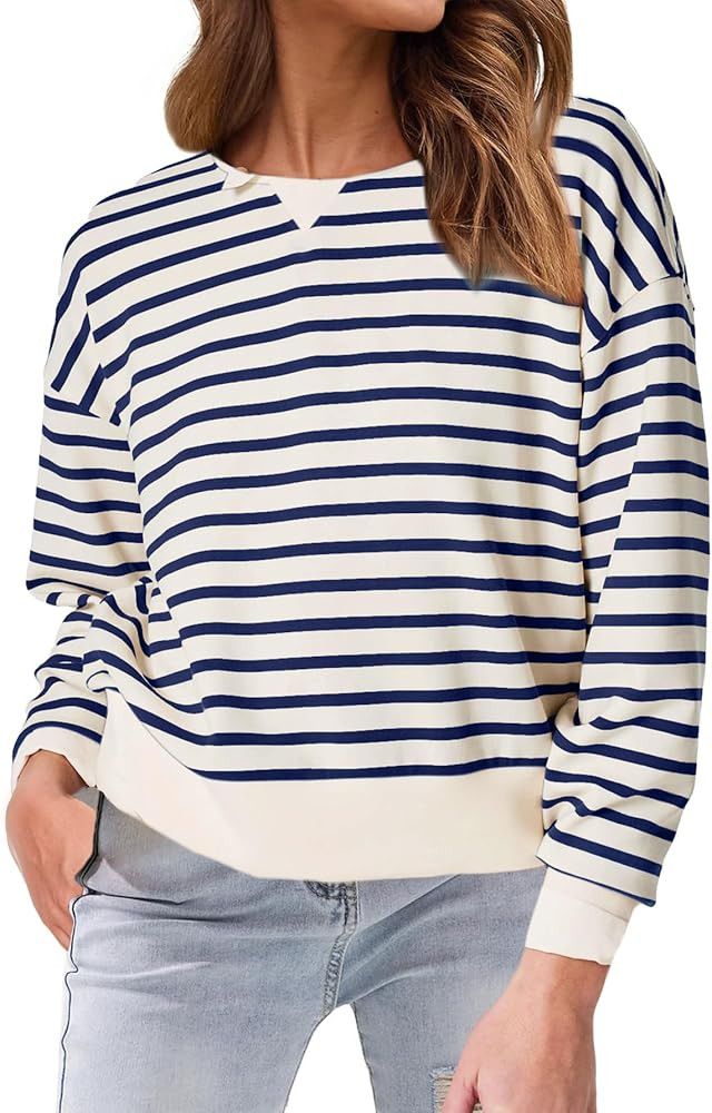 Glamaker Women's Striped Crewneck Sweatshirt Pullover Casual Long Sleeve Cropped Shirts Loose Fit... | Amazon (US)