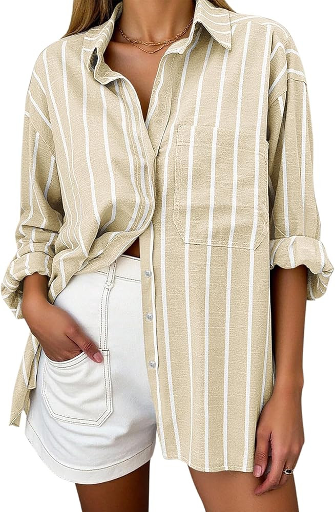 Oversized Button Down Shirts for Women Linen Shirt Long Sleeve Collared Blouses with Pocket Beach... | Amazon (US)