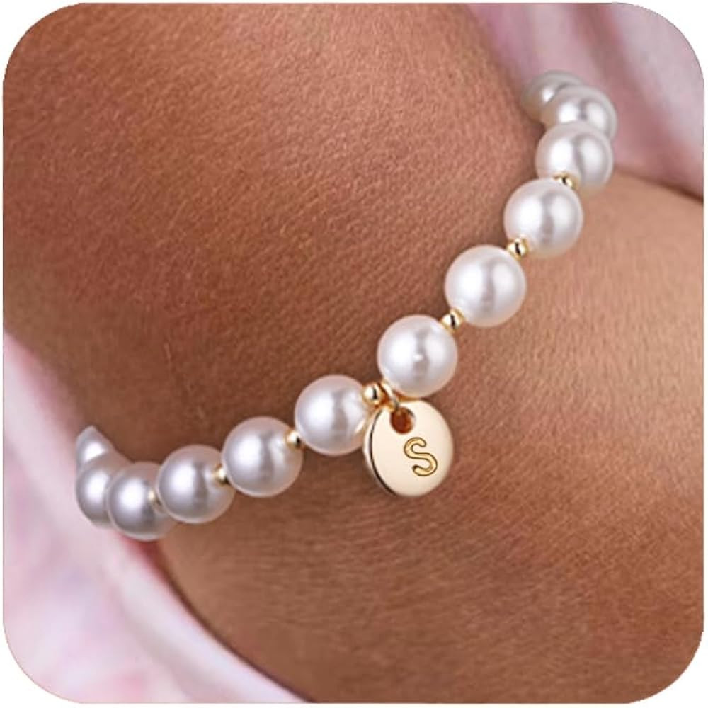 Initial Pearl Bracelet Flower Girl Bracelet Proposal Gifts for Girls, Dainty Gold Pearl Bracelets... | Amazon (US)