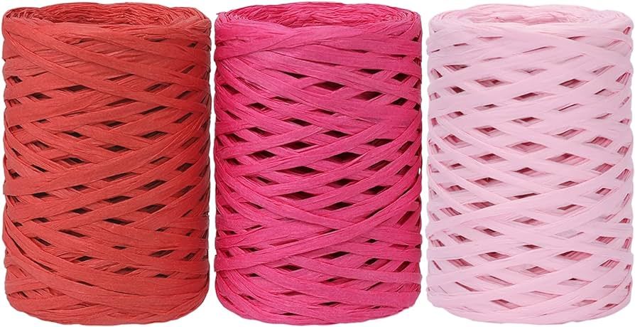 Whaline 984ft 3 Roll Valentines Pink Red Raffia Ribbon Rose Red Matte Paper Craft Ribbon 3 Color ... | Amazon (US)