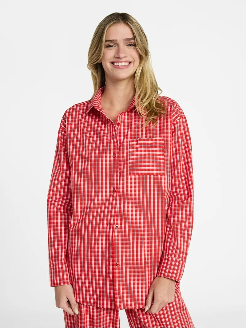 No Boundaries Sleepwear Woven Cotton Button-Down Shirt, Women's XS-XXL | Walmart (US)