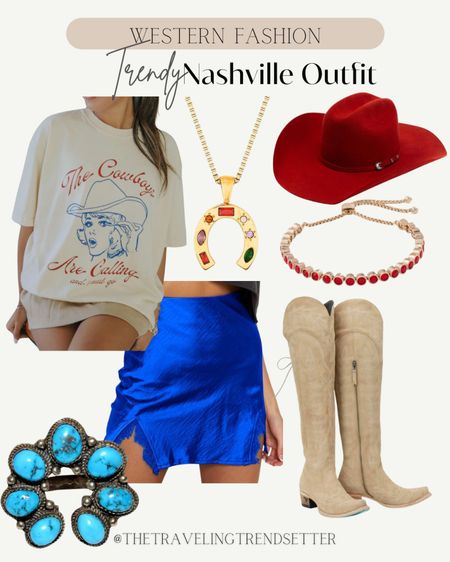 Western fashion and trendy Nashville outfit idea, country concert outfit, music festival, outfit, cowgirl, boots, cowboy hat, jewelry turquoise, mini skirt, T-shirt style T-shirt


#LTKFindsUnder50 #LTKFestival #LTKStyleTip
