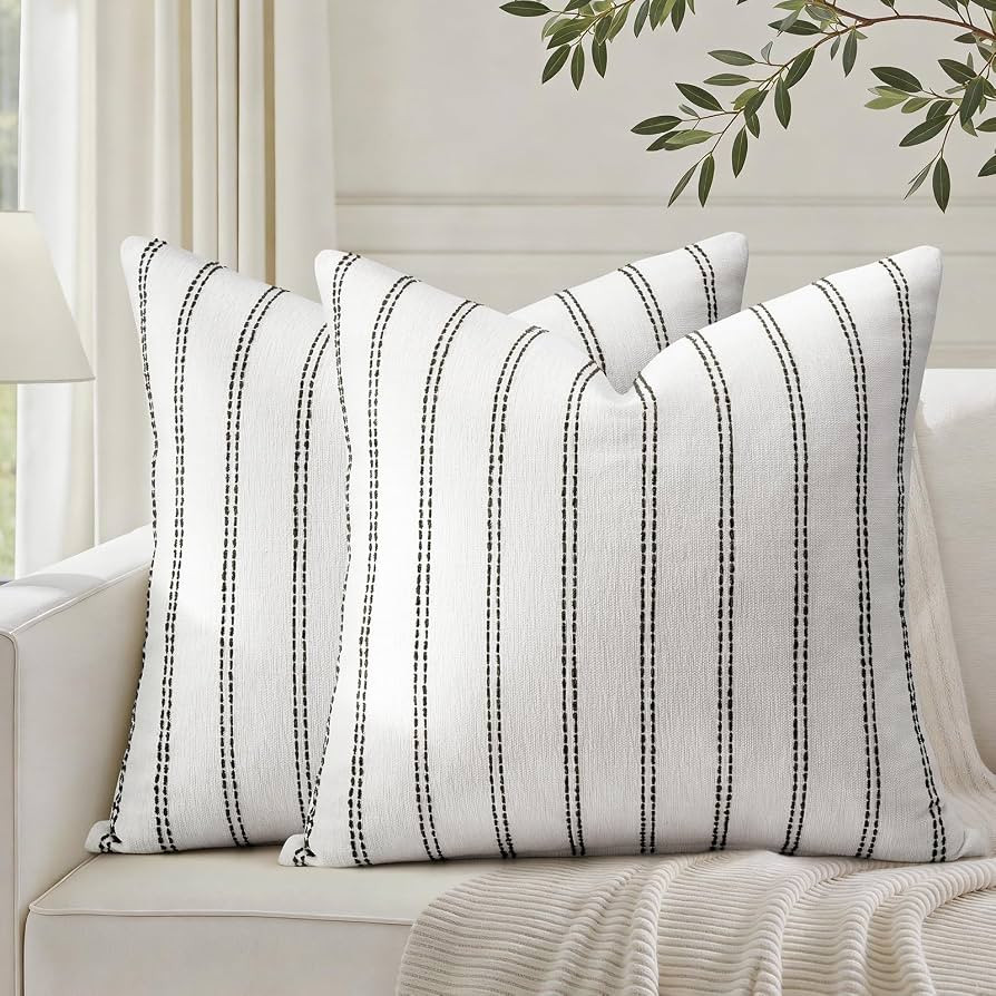 HOMEIDEAS Decorative Black and White Throw Pillow Covers 24x24 Set of 2, Striped Textured Farmhou... | Amazon (US)