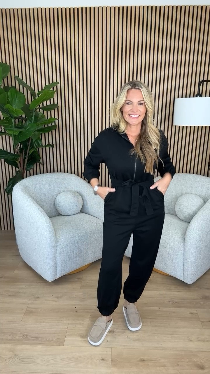 An all black jumpsuit is one of those pieces that can handle a full day. I love the zip front, defined waist and relaxed jogger leg with sneakers for a comfortable office or travel look.

black jumpsuit, casual jumpsuit, office outfit, travel outfit, fall fashion, one piece outfit, black outfit, sneaker outfit, women over 40 style, work to weekend, AudrieDollins

#LTKSeasonal #LTKOver40 #LTKootd