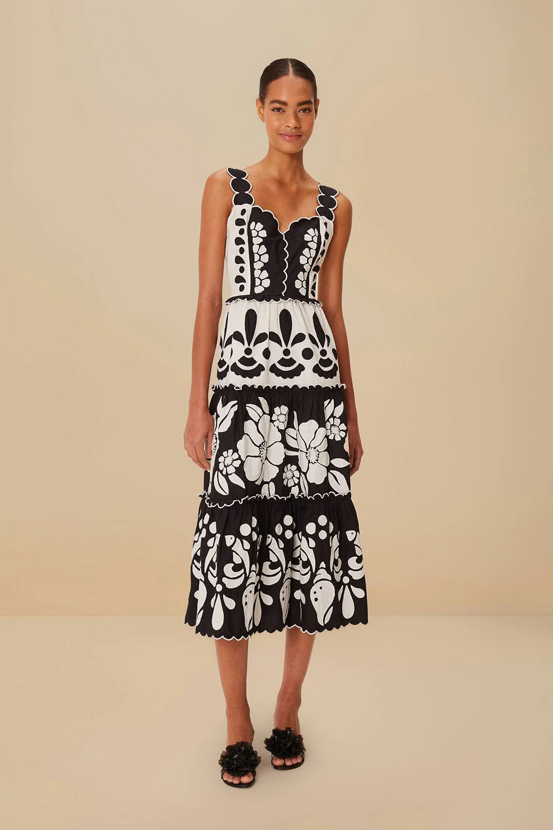 Black And White Summer Cutwork Organic Cotton Midi Dress | FarmRio (US)