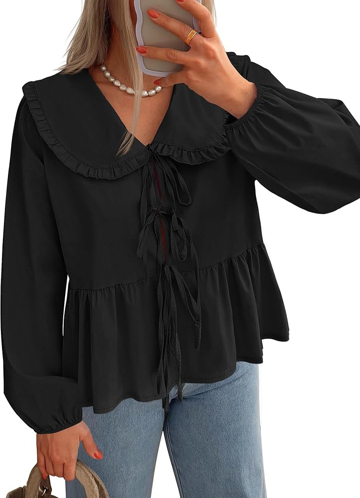 ZESICA Women's Tie Front Peplum Tops Long Puff Sleeve Lapel Collar Cute Babydoll Blouses Shirts | Amazon (US)