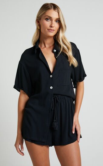 Jubilee Two Piece Set - Button Up Shirt and Shorts Set in Black | Showpo (US, UK & Europe)