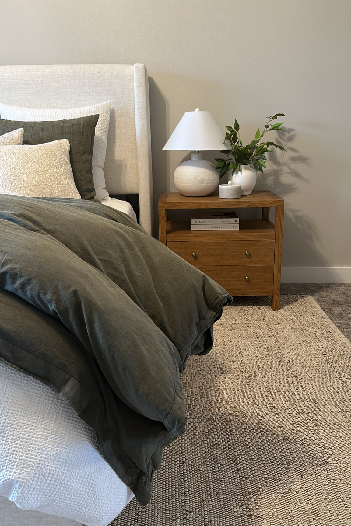 Bedroom, bedding, beds, nightstands, nightstand decor, upholstered headboard, lamps, woven rug, bedroom rug, green bedding, bed pillows, euro pillows

#LTKstyletip #LTKhome