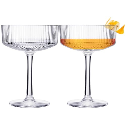 Shatterproof Tritan Plastic Ribbed Vintage Art Deco Martini, Champagne & Cocktail Coupe Glasses | Set of 2 | 8 oz Ripple Glassware Classic Cocktail Glassware Indoor & Outdoor, Acrylic Style Crystal | Amazon (US)
