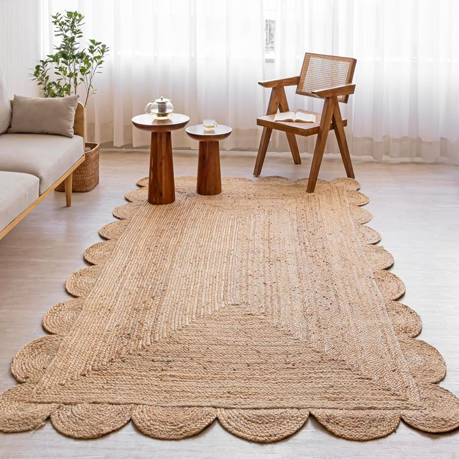 HOMEMONDE Natural Hand Woven 8x10 ft Braided Jute Rug Scalloped Boho Rustic Indoor Farmhouse Area... | Amazon (US)