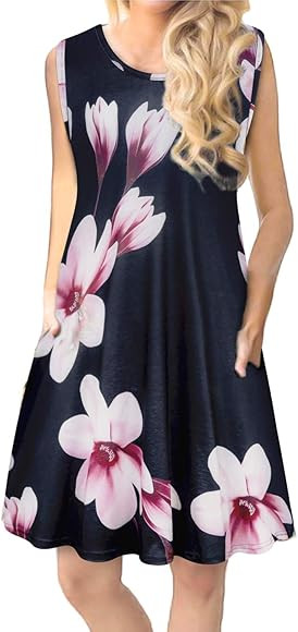 Tanst Sky Women Summer Sleeveless Damask Print T-Shirt Dress with Pockets(S-3XL) | Amazon (CA)