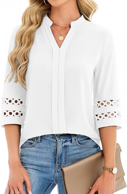 Funlingo 3/4 Length Sleeve Womens Tops V Neck Dressy Casual Blouses Lace Tunic Pleated Shirts Bus... | Amazon (US)