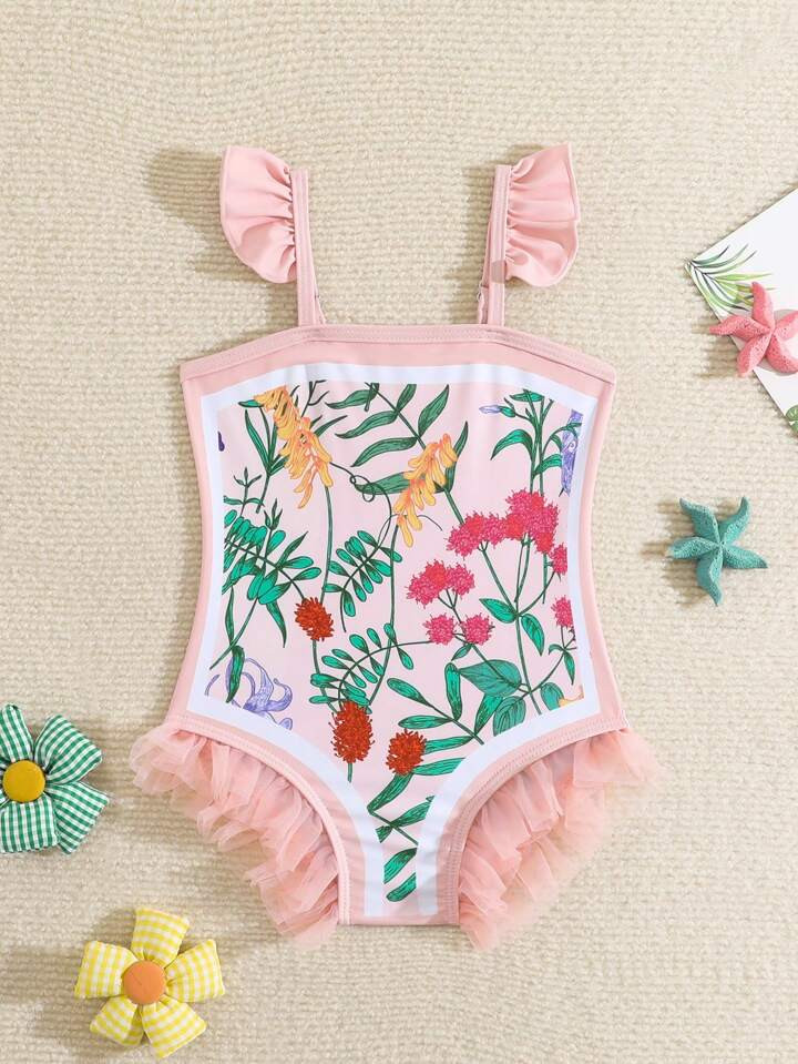 Baby Girl Stylish Printed Mesh Spliced Flutter Sleeve Swimsuit | SHEIN
