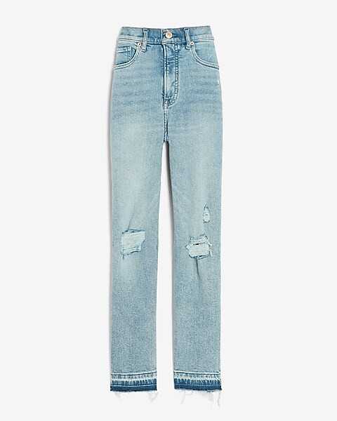 Super High Waisted Ripped Released Hem Straight Jeans | Express
