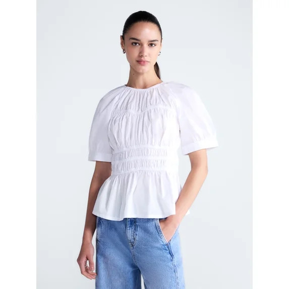 Free Assembly Women's Smocked Cotton Top with Peplum Hem, Sizes XS-XXL | Walmart (US)