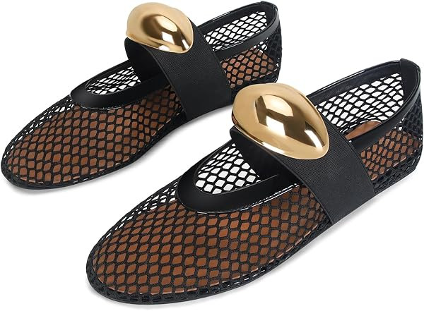 DOEYG Mesh Ballet Flats for Women Buckle Strap Comfy Casual Office Fishnet Ballerina Flat Shoes | Amazon (US)