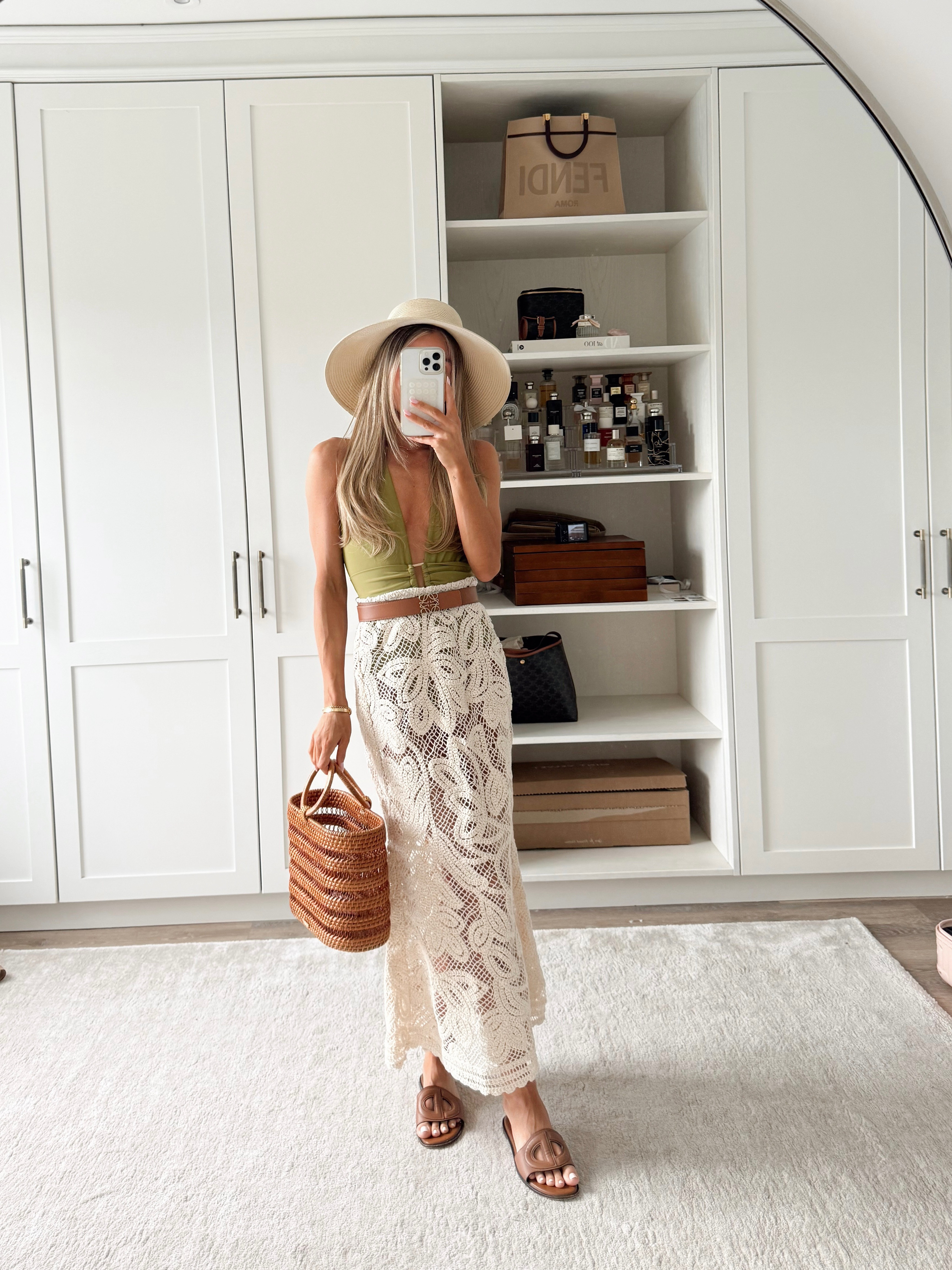 Beach Day outfit details! 

outfit l skirt l swim l one piece l hat l slides l bag 

 