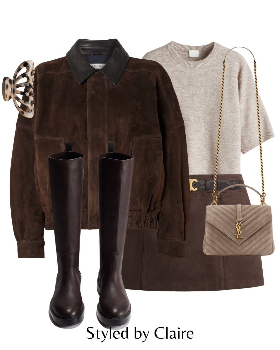 A dreamy Suede Jacket & skirt combo🤎
Tags: collar 100% real suede leather bomber H&M knit tshirt top taupe neutral denim skirt belt knee high boots hair claw fashion autumn transitional inspo outfit ideas chic women style city break everyday chocolate girl capsule wardrobe 

#LTKstyletip #LTKbag #LTKshoes
