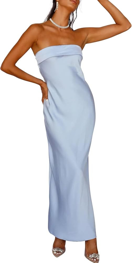 MAYSTEPPE Womens Satin Tube Strapless Dress Backless Cut Out Formal Bodycon Dress Wedding Cocktai... | Amazon (CA)