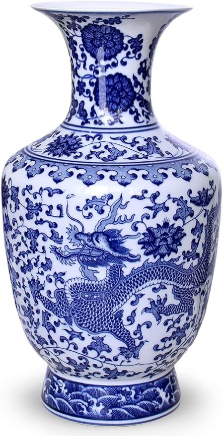 Dahlia Blue and White Vase, Handmade Chinese Porcelain Flower Vase, Dragon Motif #4, Chinese Bott... | Amazon (US)
