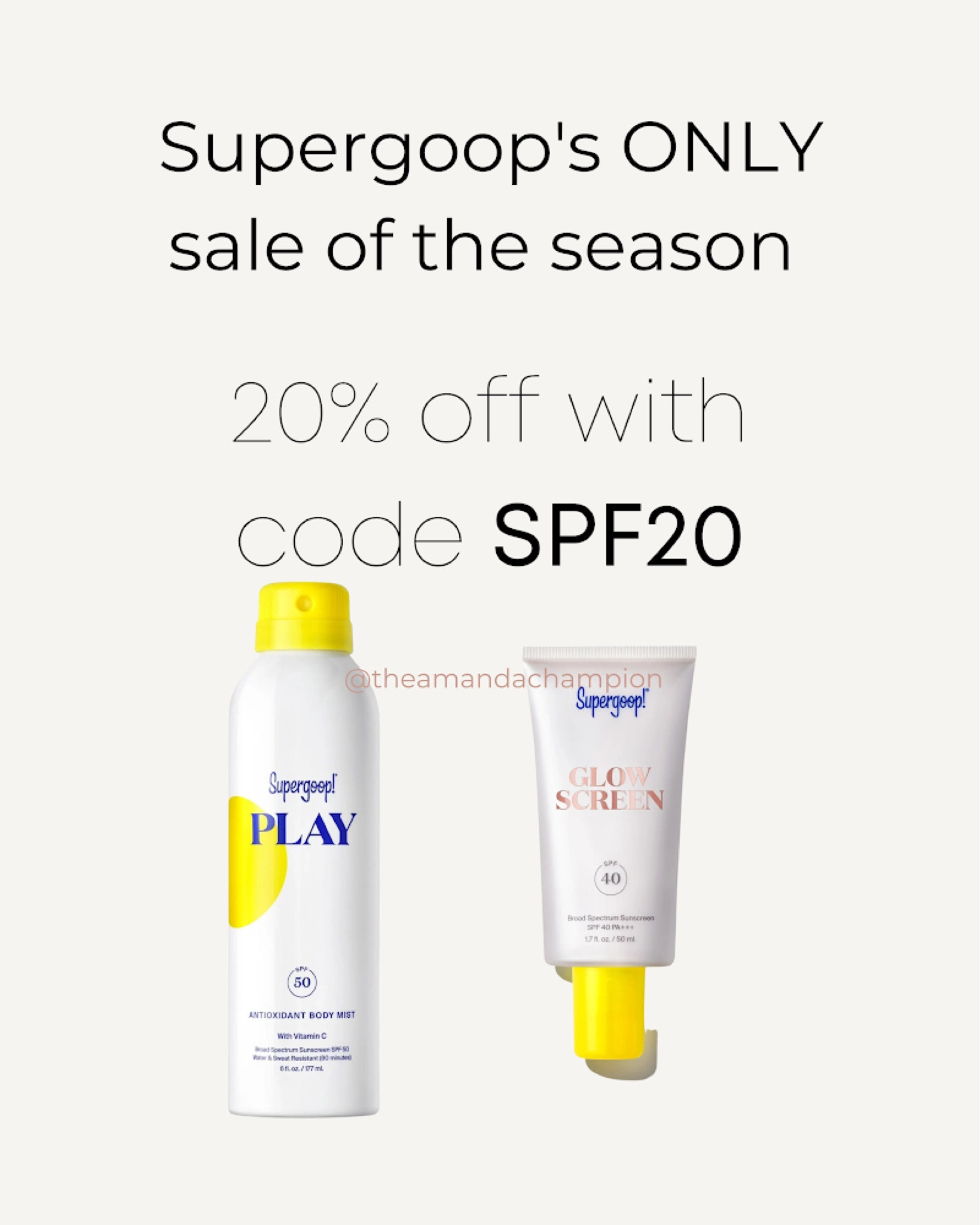 Supergoop’s ONLY sale of the season saVE 20% off on all sunscreen with code SPF20. My favorites are the play spray for my kids and the glow screen.