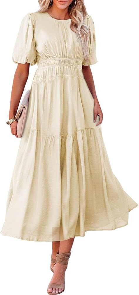 AlvaQ Womens Casual Dresses Summer Crewneck Puff Sleeve Smocked Midi Dress High Waist Ruffle Flow... | Amazon (US)