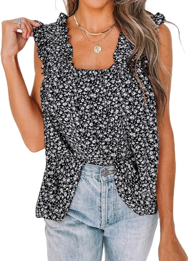 PRETTYGARDEN Boho Floral Tank Tops for Women, Shirred Straps Pleated Summer Casual Sleeveless Shirts | Amazon (US)