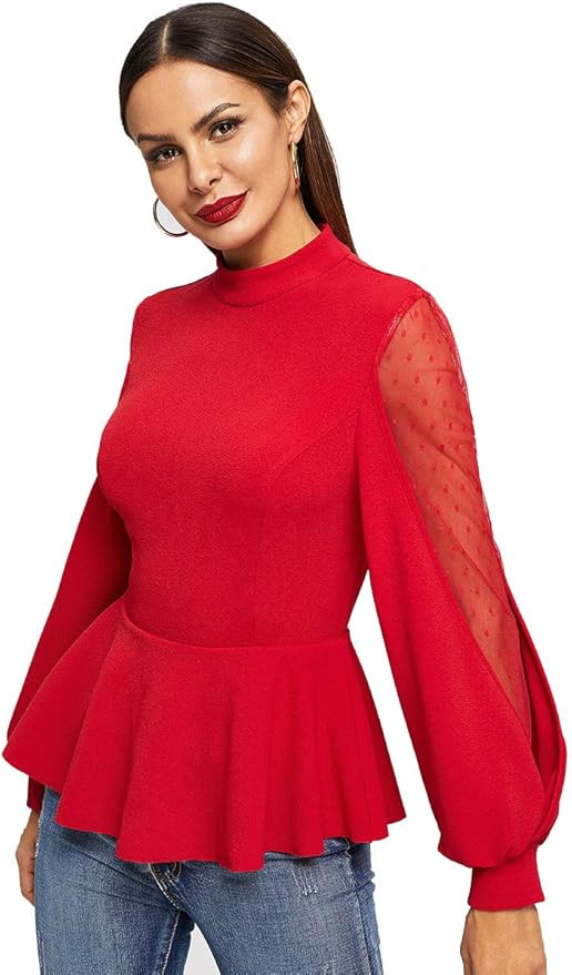 ROMWE Women's Solid Mesh Long Sleeve Elegant Work Ruffle Hem Peplum Top | Amazon (US)
