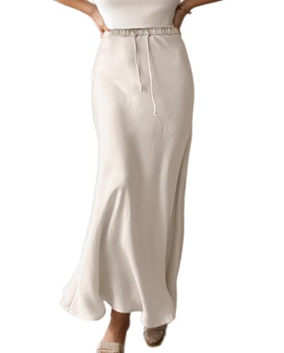 Women's Drawstring Satin Maxi Skirt High Waisted Elastic Waistband Casual A Line Flared Silk Long Skirts for Women Beige | Amazon (US)